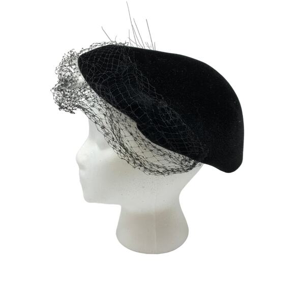 Vintage Black Wool Hat Mesh Feather Rhinestone Details *READ